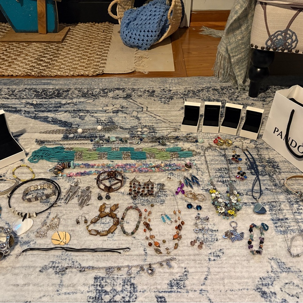 Assorted Jewelry Collection with Pandora Bag and boxes.